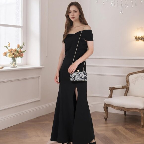 ⚡ Women's Floral Sequin Black Embroidery Evening Beaded Clutch Handbag - Picture 2 of 7